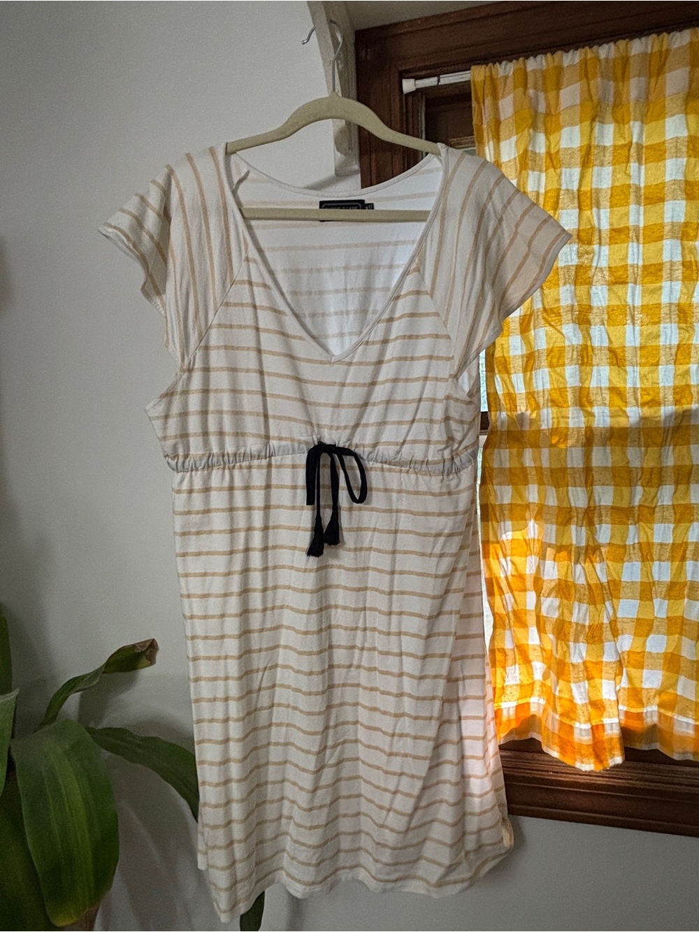 Duffield Lane Cream Dress with Tan Stripes and Black Tie